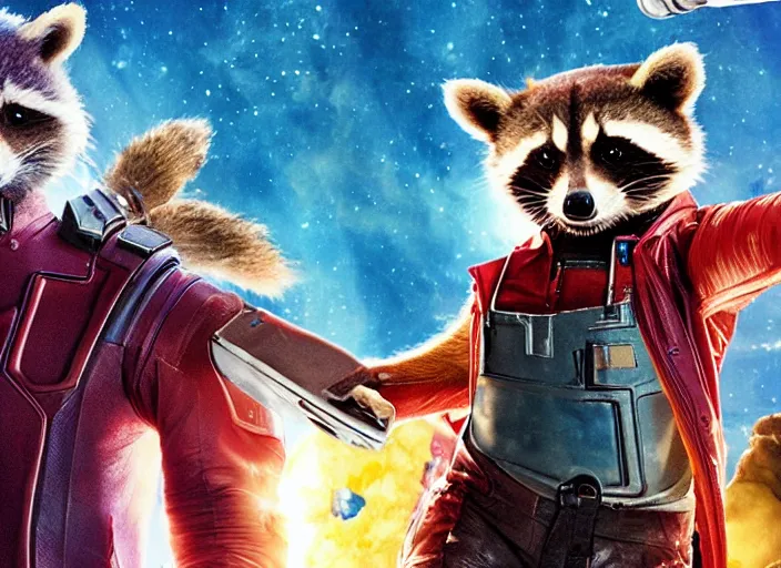 Image similar to film still of Rocket Racoon working in an ice cream truck in the new Guardians of the Galaxy movie, 4k