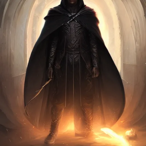 Prompt: portrait of an aasimar in a black cloak, male, silver hair, glowing eyes, detailed face, highly detailed, cinematic lighting, digital art painting by greg rutkowski.