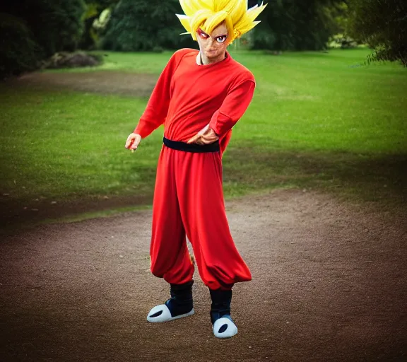 Image similar to portrait photo of mr bean as super saiyan, in a park by luis royo. soft light. sony a 7 r iv