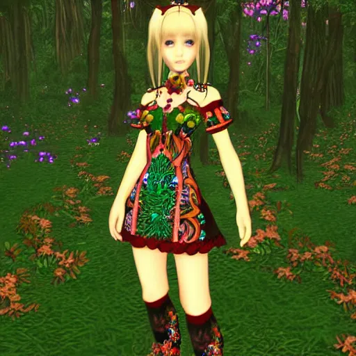 Image similar to cute female forest spirit wearing ornate floral cybernetic hungarian valentino resort dress in a 3 d psx ps 2 jrpg style, esoteric magical alien meadow ritual environment, fashion gameplay screenshot, highly detailed, atelier, xenogears