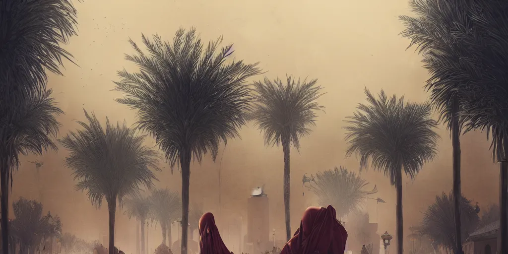 Prompt: sandstorm in marrakech, palm trees, moroccan mosque, wlop, james jean, tom bagshaw, rococo, trending on artstation, fantasy, intricate, elegant, highly detailed, digital painting, concept art, smooth, illustration, cinematic lighting, hyper realism, octane render, 8 k, hyper detailed.