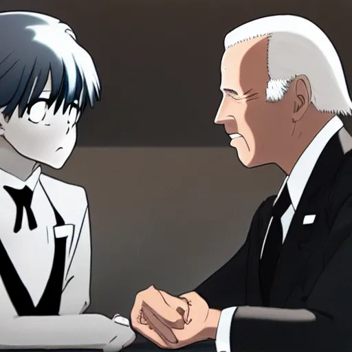 Image similar to anime joe biden as a little boy falling in love with his butler in an anime