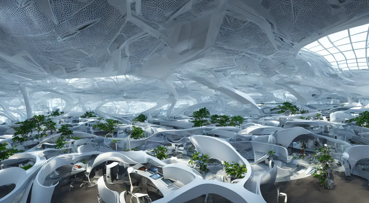 Image similar to futuristic open office with parks and plants, glowing computer screens, made with glossy white plastic and large windows and voluminous light and light rays, extremely intricate, very detailed, in style of zaha hadid, artstation, octane render, warm color highlights, cinematic lighting