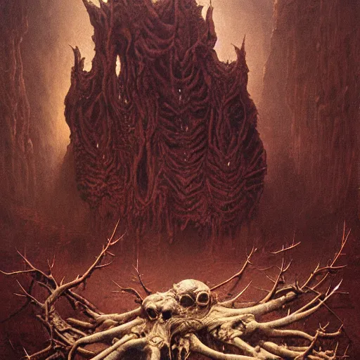 Image similar to Twinthorn Harmaster, extremely detailed oil painting of a demon imp covered in thorns in a cursed ruined temple by zdzisław beksiński and Igor Kieryluk, trending on artstation