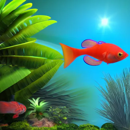 Image similar to 3D render of a cute tropical fish in an aquarium on a dark blue background, digital art