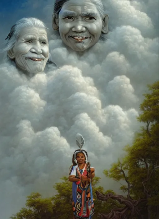 Prompt: faces of indigenous amazonian grandfathers and grandmothers spirits in the clouds, smiling, protection, benevolence, ancestors, detailed faces, art by christophe vacher