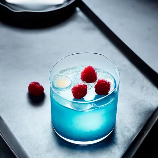 Prompt: a blue cocktail with raspberries and a caustics effect, professional food photography