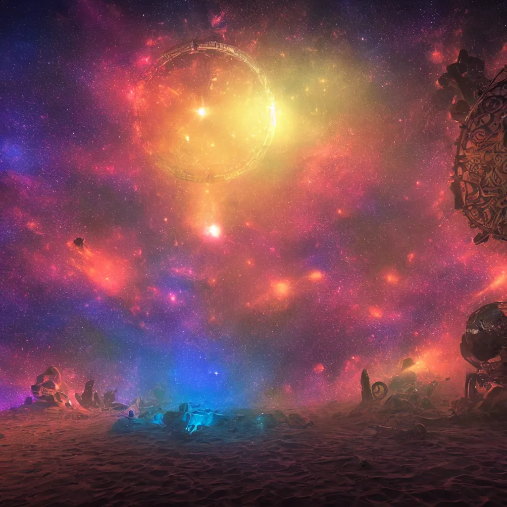 Image similar to sand clocks in a galaxy made of stars, space, nebulas stars Dmt Psychedelic cosmos, cosmic, Hallucination, night sky; 8k, artstation, unreal engine, octane render, hdr, surrealistic, hyperrealism, glow, photorealistic, volumetric lighting, Dreamy, dynamic, mystical