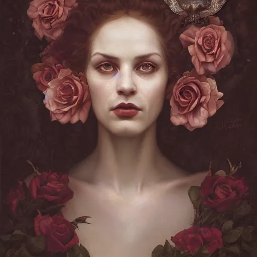 Prompt: a portrait of the queen of roses by Jovana Rikalo, by roberto ferri, by austin osman spare, by tom bagshaw, a delicate oilpainting, highly ornamental