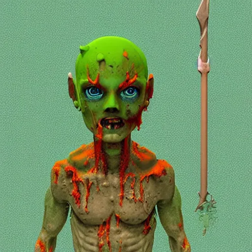 Image similar to voxel painting by greg rutkowski of a drowned zombie holding a trident with glowing cyan eyes, wearing ragged clothing, holding a trident, underwater, pastel green and blue color palette