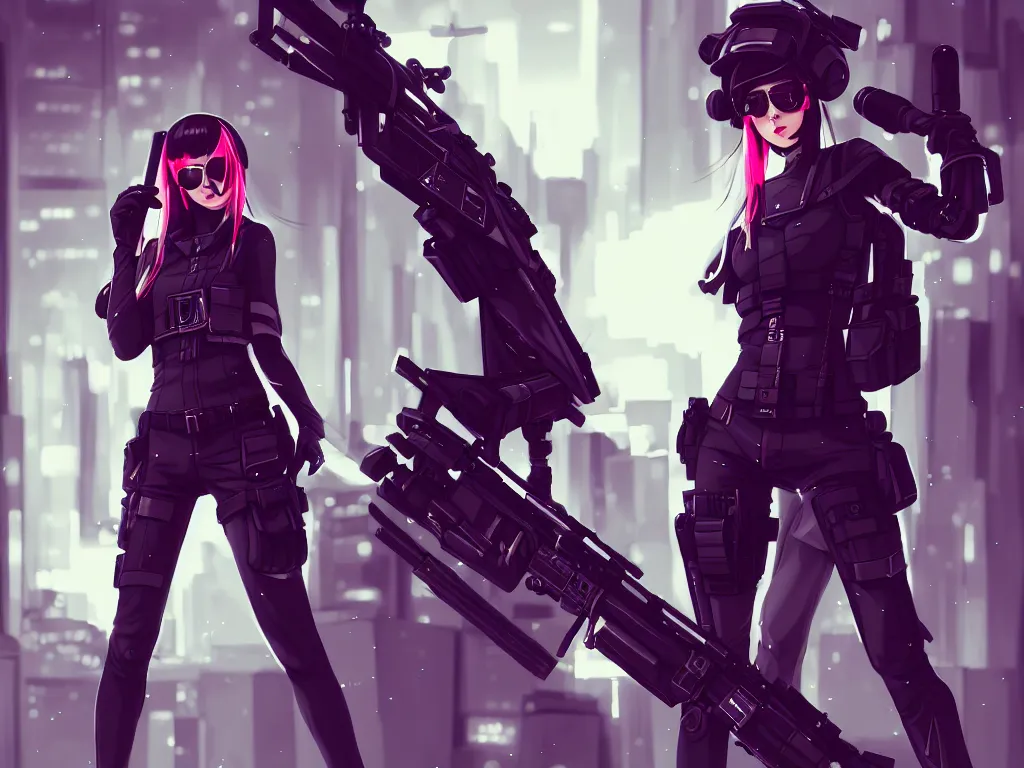 Image similar to fullbody portrait of a beautiful girl dressed in cyberpunk style, standing on street, holding a sniper rifle. by riot games, anime style, masterpiece, award - winning, trending on artstation and pixiv