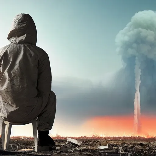 Prompt: a beautiful award-winning photo of the last man on Earth wearing a hazmat suit, sitting, serene post-nuclear background on the horizon, a mirage of a skyline of a destroyed city, numerous fires, volumetric lighting, hazy, a mothership hovering high up in the sky, very high quality, extremely detailed, subtle visual noise, 8K