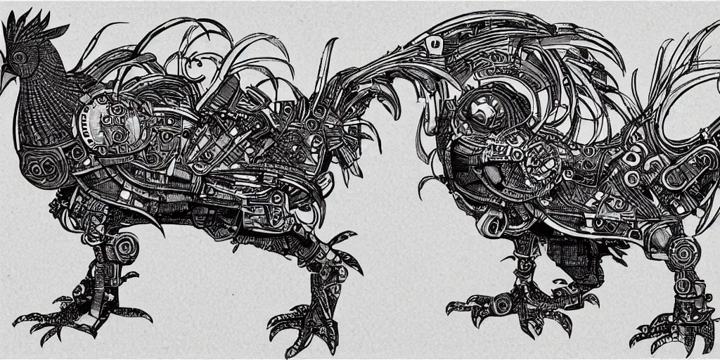 Image similar to schematic of a fighting rooster made of car engine parts, schematic, dieselpunk, masterpiece, illustration, hand drawn, intricate, highly detailed