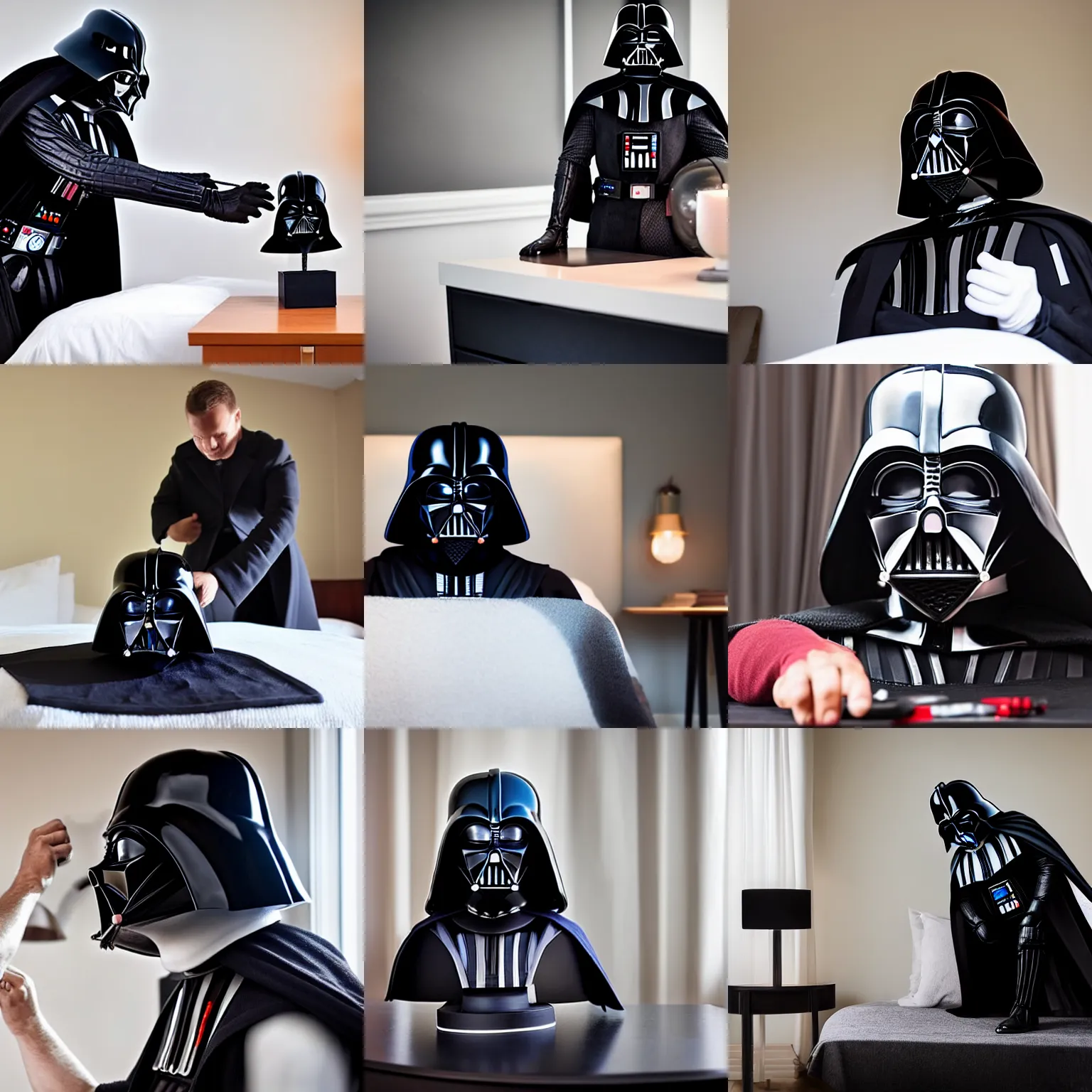 Prompt: a a man dressed as darth vader without his helmet, taking off his helmet and placing it down on a nightstand after a long and exhausting day of work