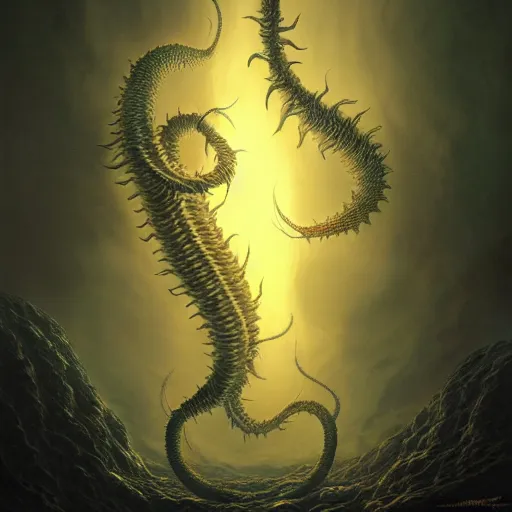 Prompt: photorealistic kaiju centipede in the style of michael whelan and gustave dore. hyperdetailed photorealism, 1 0 8 megapixels, amazing depth, glowing rich colors, powerful imagery, psychedelic overtones, 3 d finalrender, 3 d shading, cinematic lighting, artstation concept art