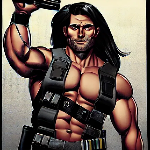 Image similar to muscular man wearing a vest, black vest open with no shirt underneath, cargo pants, ammo belt, holding a blaster, long black hair in a ponytail, five o' clock shadow, comic book art, realistic