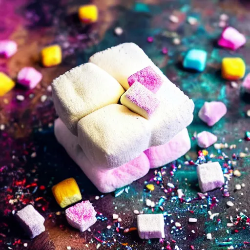 Image similar to photograph of delicious fluffy marshmallow cube with sprinkles on a dark wooden chopping board, pastel colours, professional food photography, photorealistic, depth of field, 4 k, canon 1 d, bohek