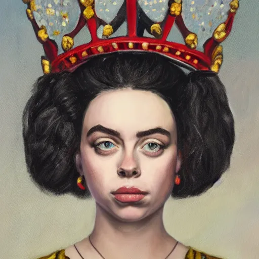 Prompt: painting of queen billie eilish, with crown, portrait, museum