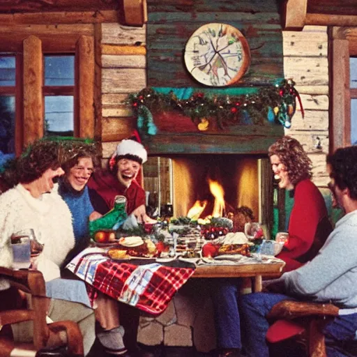 Image similar to Christmas 1985, drunk at christmas lunch, mountain chalet, fireplace, cozy