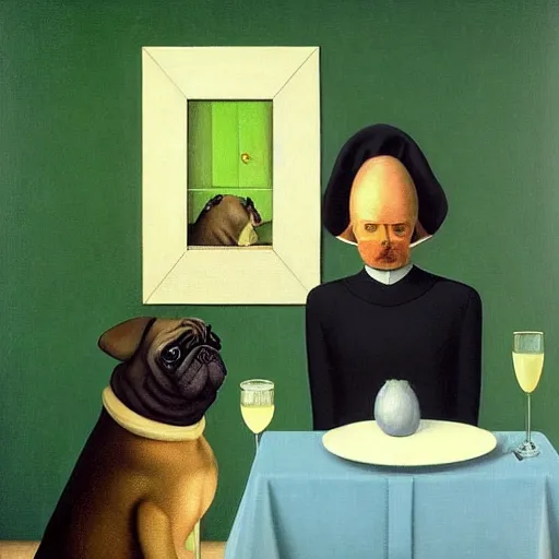 Image similar to a humanoid pug takes you out for a nice dinner by Raphael, Hopper, and Rene Magritte. detailed, romantic, enchanting, trending on artstation.