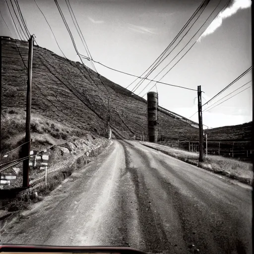 Image similar to a road next to warehouses, and a hill behind it with a radio tower on top, disposable camera filter, red tint