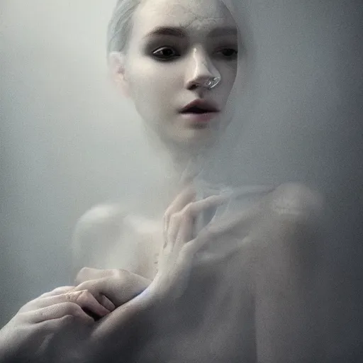 Image similar to portrait of a ghostly haunting female, depth of field, zeiss lens, detailed, symmetrical, centered, fashion photoshoot, by annie leibovitz and steve mccurry, david lazar, jimmy nelsson, breathtaking, 8 k resolution, extremely detailed, beautiful, establishing shot, artistic, hyperrealistic, beautiful face, octane render