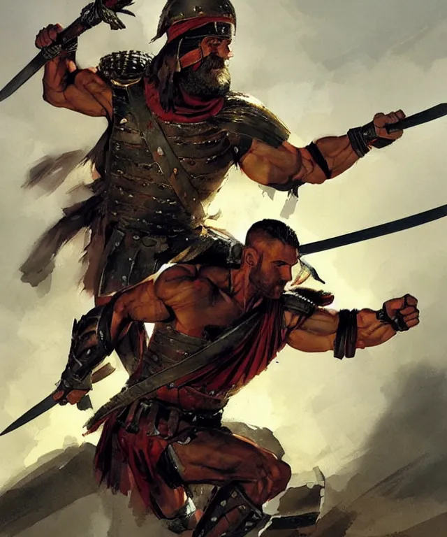 Image similar to muscular roman soldier with sword by simon bisley and greg rutkowski, full body armor! dynamic battle pose vivid color scheme