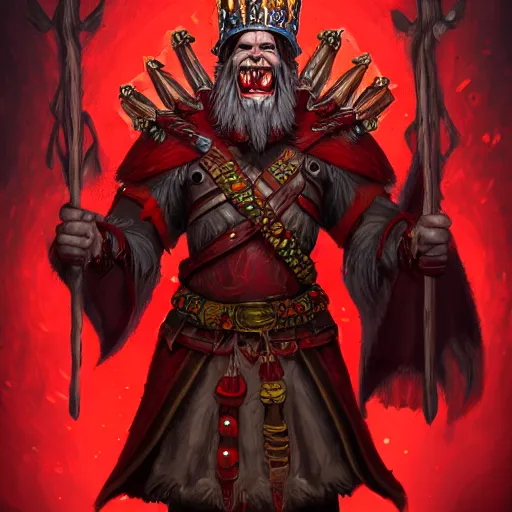 Prompt: full body portrait of a DnD shaman lord, wearing a red crown, red eyes, smiling viciously, holding intricately carved wooden staff, 4k, highly detailed, inspiring digital painting, trending on artstation