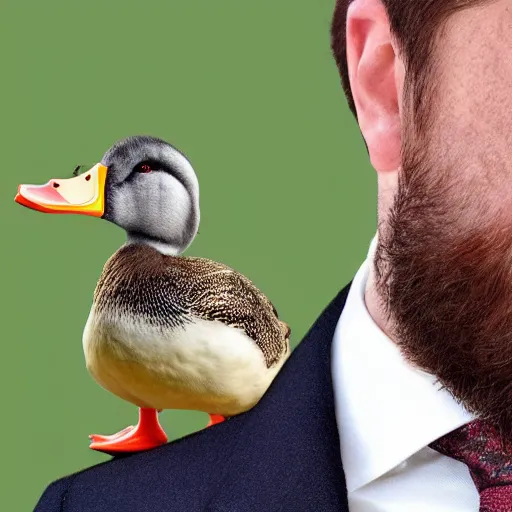 Image similar to a high detail photo of a man with a duck's head wearing a suit, photorealism