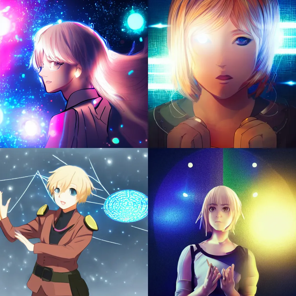 Prompt: a cute girl with short blonde hair, with squares and shields of holographic light circling around her, sci fi anime, dramatic lighting