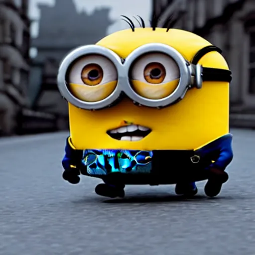 Image similar to minions from despicable me ridding a half - track motorcycle with a single front wheel, better known as the kleines kettenkraftrad hk 1 0 1, in the empty and destroyed london, circa 1 9 3 9, 4 k hd