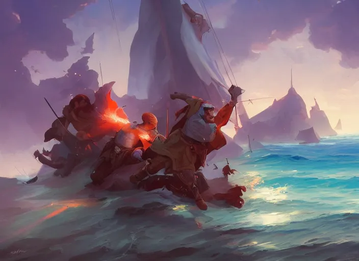 Image similar to cover concept art of a medieval battles in the sea, volumetric lighting, official fanart behance hd artstation by Jesper Ejsing, by RHADS, Makoto Shinkai and Lois van baarle, ilya kuvshinov, rossdraws