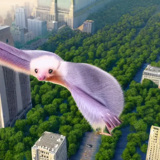 Prompt: a Virginia opossum with large wings flying over Central Park, photorealistic, unreal engine —width 1024