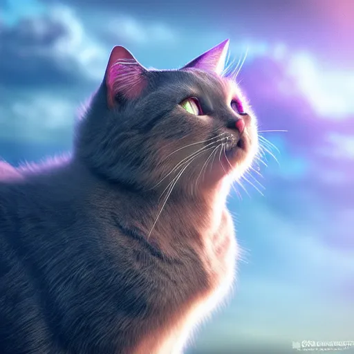 Image similar to a beautiful lady cat creature is hoping for a better future. close - up, beautiful sky, volumetric lighting, sharp focus, ultra detailed, cgsociety - w 1 0 2 4 - n 8 - i