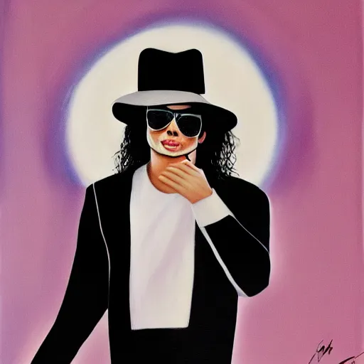 Image similar to paining of Michael Jackson moon walking, white suit and hat, trending on Artstation