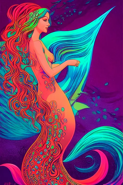 Image similar to a beautiful psychedelic mermaid with a beautiful fin, symmetrical features, cinematic lighting, soft bokeh, fantasy, modern, colourful, highly detailed, digital painting, artstation, deviantart, concept art, sharp focus, illustration, by alphonse eyvind earle