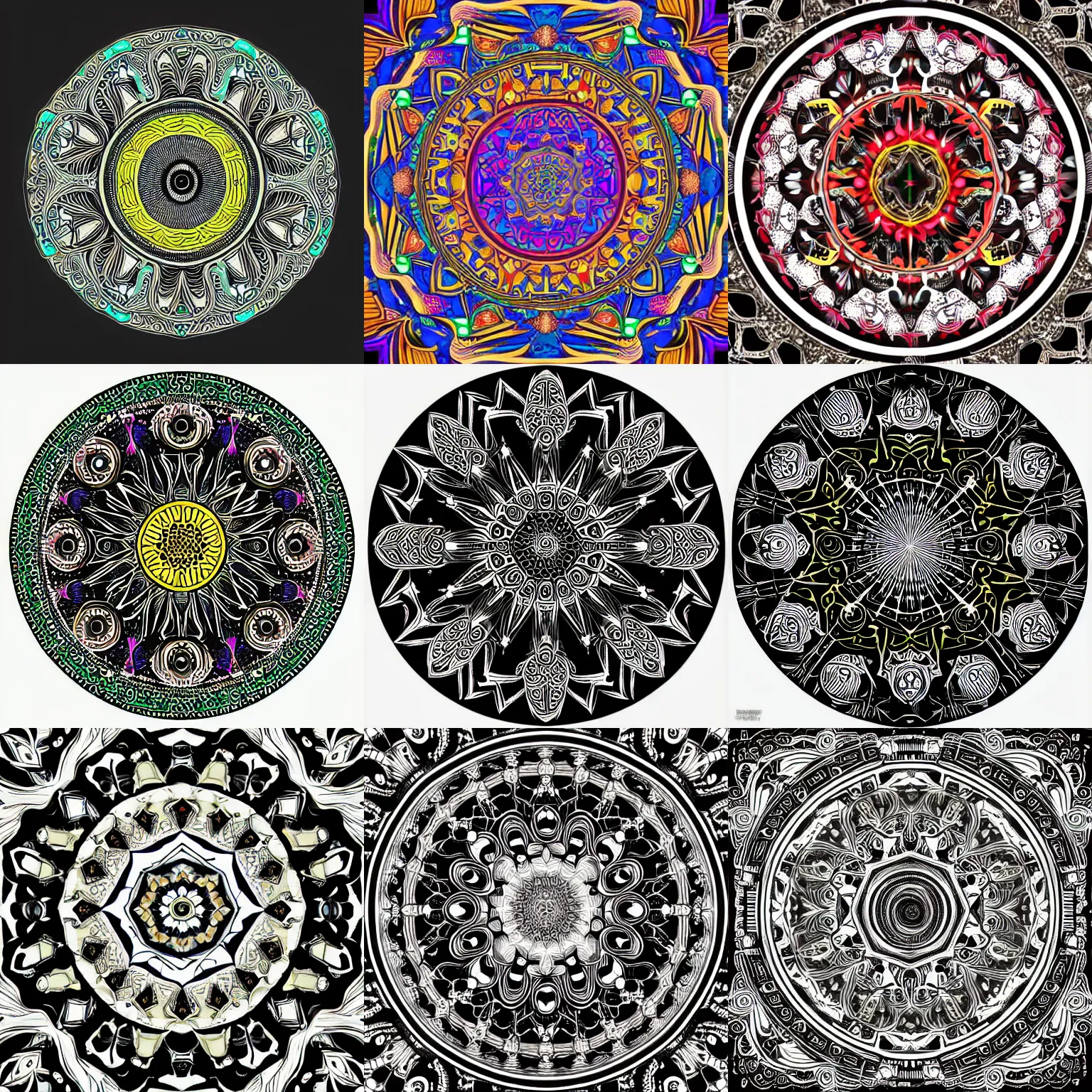 Prompt: circular colored symmetrical ornament on a black background, a detailed drawing by wolfgang zelmer, shutterstock contest winner, psychedelic art, fractalism, intricate patterns