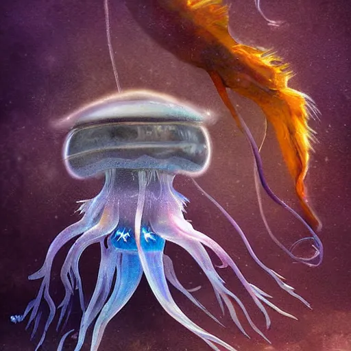 Prompt: a wolf-jellyfish-squid, digital painting, but as a wildlife photography