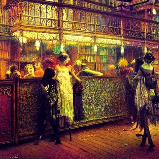 Image similar to noir impressionist painting of hippie flappers at a speakeasy rave, John Atkinson Grimshaw, 1880, oil on canvas