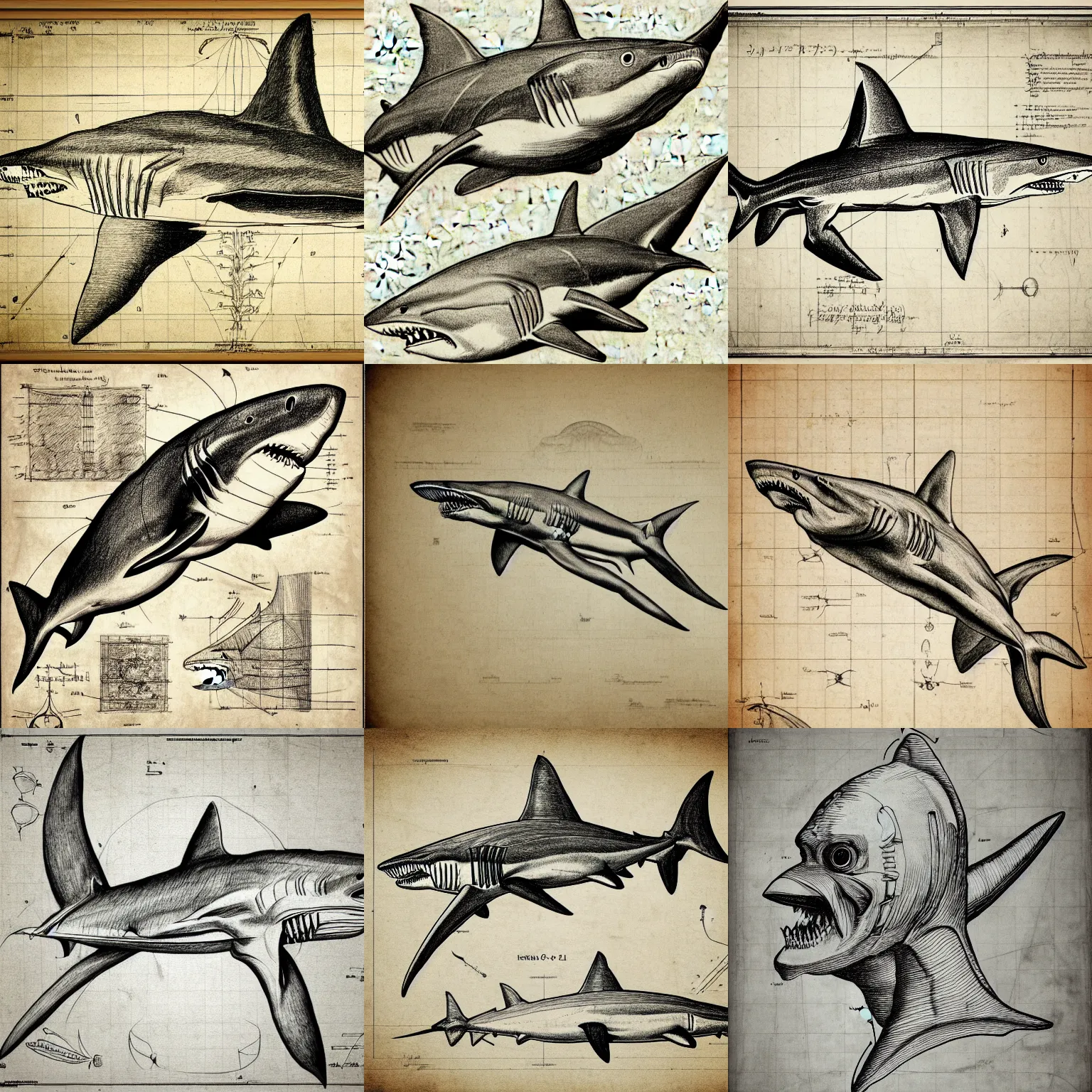Prompt: anatomical drawing of shark, davinci style, medical drawing, blueprint, schematic, old school, super resolution