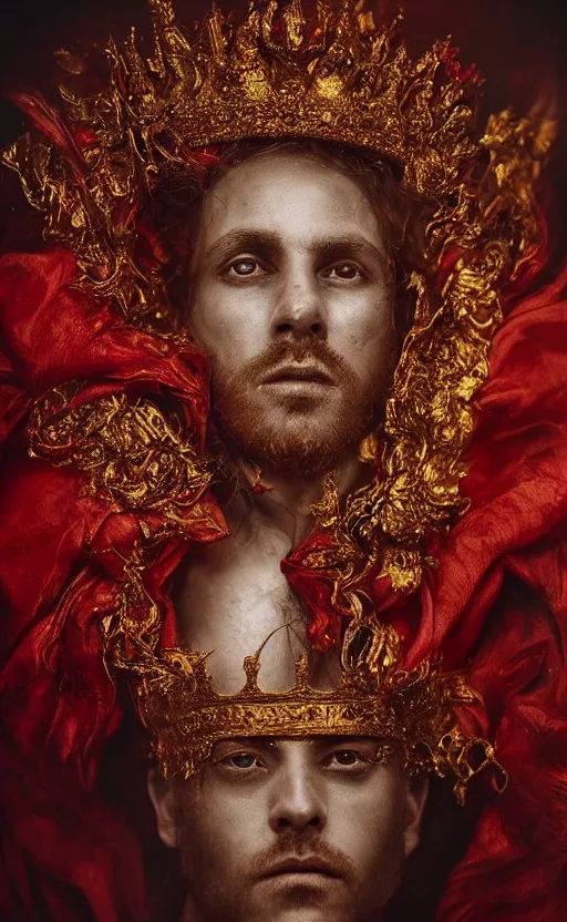 Image similar to 'Portrait of Crowned King Arthur' by Lee Jeffries royally decorated, whirling plasma, atmospheric motes, red and gold Sumptuous garb, gilt silk fabric, radiant colors, fantasy, perfect lighting, studio lit, micro details,