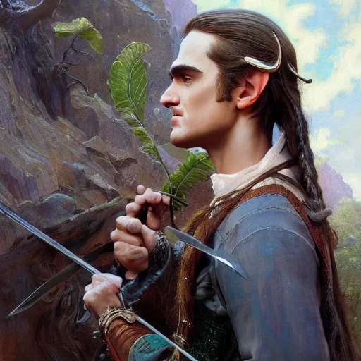 Image similar to a beautiful painting of attractive legolas the elf at the apple event, highly detailed painting by gaston bussiere, craig mullins, j. c. leyendecker 8 k