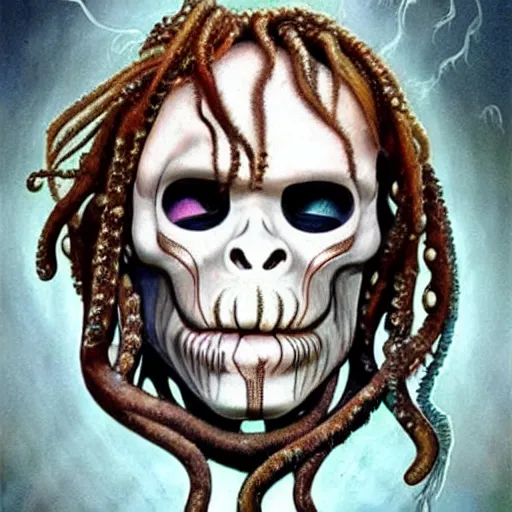 Prompt: a hyperrealistic illustration of Captain Jack Sparrow as Davy Jones, Davy Jones with Tentacles, Face hybrid of Davy Jones and Jack Sparrow, symmetrical face