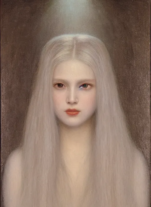 Prompt: thin young beautiful girl with silver hair, pale!, wearing white robes!, wearing hair, golden goddess, young cute wan korean face, silver hair!!, oil on canvas, style of jean delville, 4 k resolution, aesthetic!,