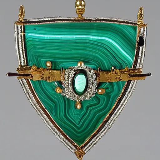Prompt: malachite sword and shield with jewels