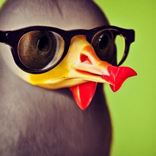 Prompt: a close up portrait of a very sophisticated!!! chicken wearing glasses!. Staring at the camera!!!
