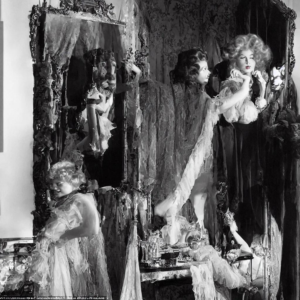 Prompt: young mae west in technicolour boudoir scene examines herself in the mirror and notices the shadowy figure of the grim reaper behind her