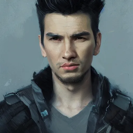 Image similar to Portrait of a man by Greg Rutkowski, he is about 30 years old, mixture between russian and japanese, short quiff black hair, attractive, strong, mangly, he is wearing a black flying jacket, highly detailed portrait, scifi, digital painting, artstation, concept art, smooth, sharp foccus ilustration, Artstation HQ