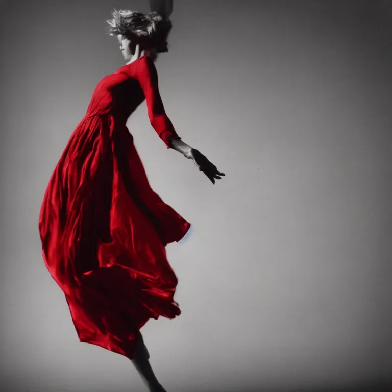 Prompt: A high-detailed photo of woman dancing in the night, grayscale photo with red dress, realism, photo by Richard Avedon