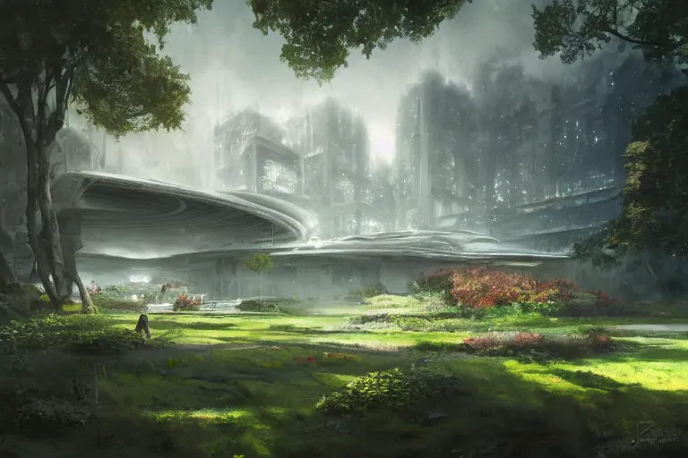 Prompt: Brutalist Shiro surrounded by manicured gardens, amazing cinematic concept painting, by Jessica Rossier